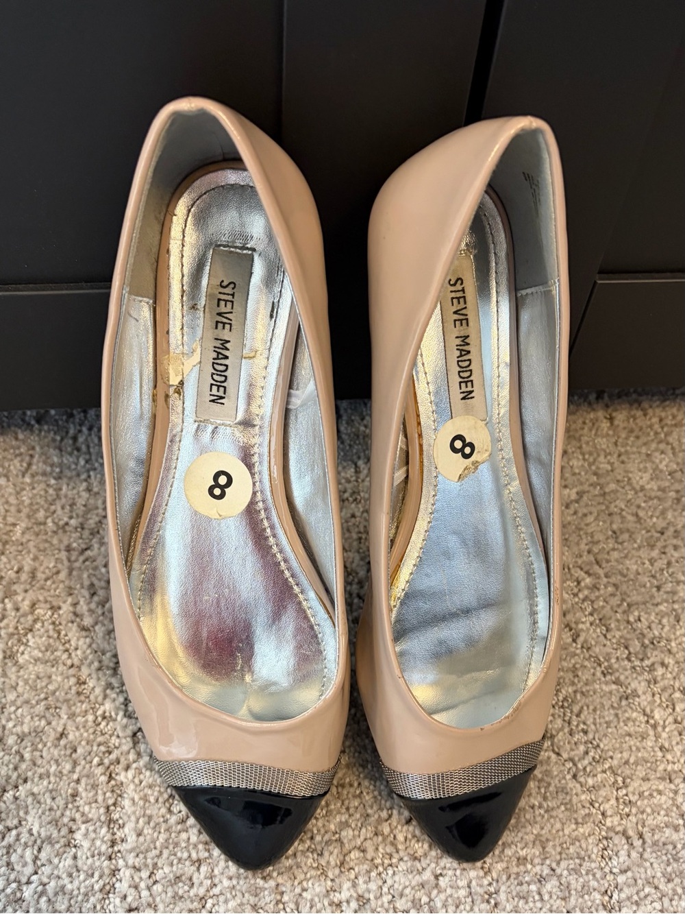 Steve Madden Nude Patent Pointed-Toe Flats with Black Cap Toe - Size 8